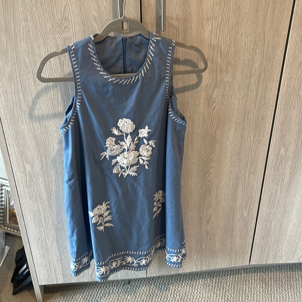 Blue with white embroidered flowers dress